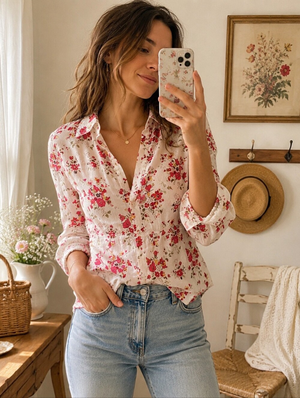 Elie Tahari Floral Cotton Blouse Cottagecore Romantic Pink XS